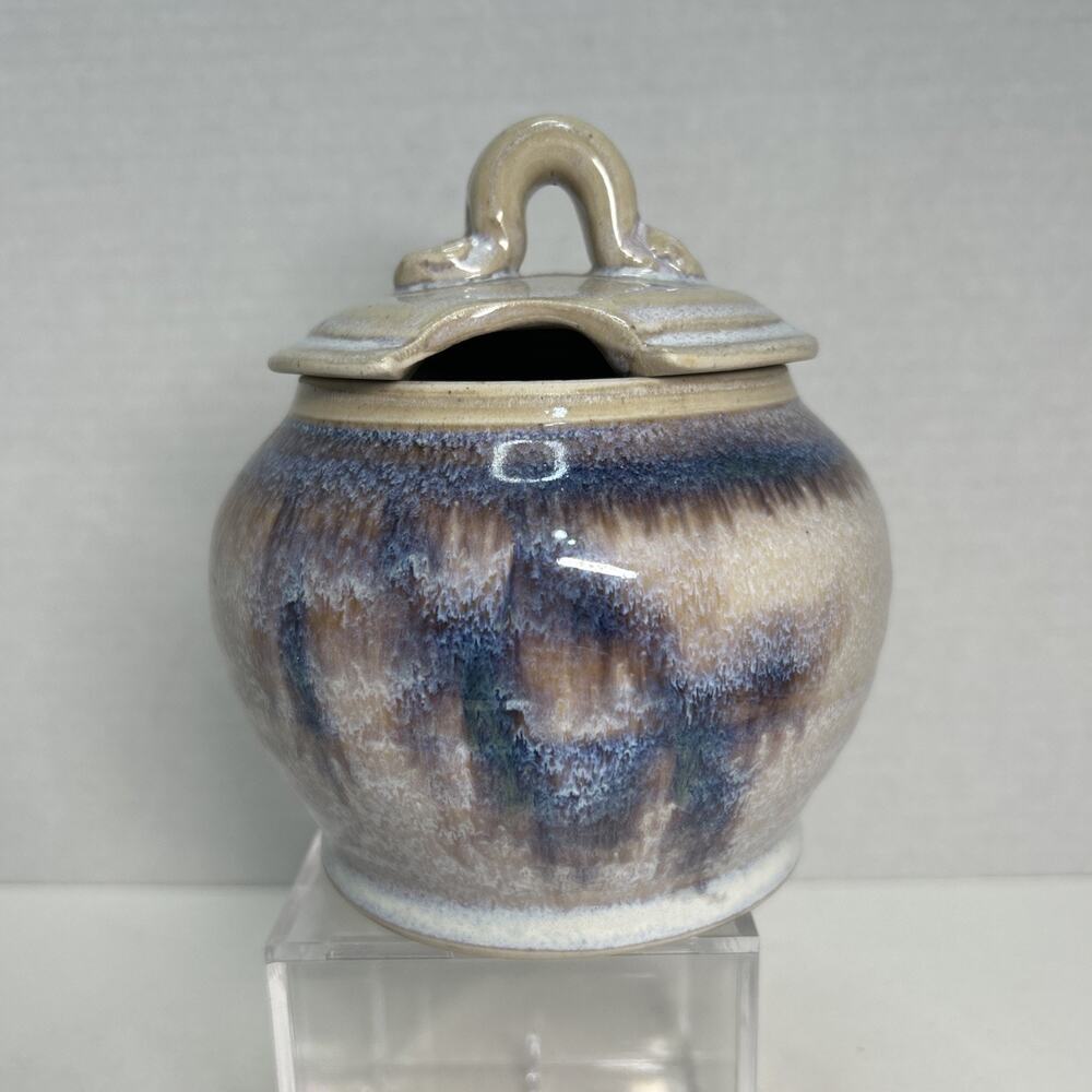 Pearsall Stoneware Art Studio Pottery Lidded Honey Pot / Jam Jar Blue Drip Glaze